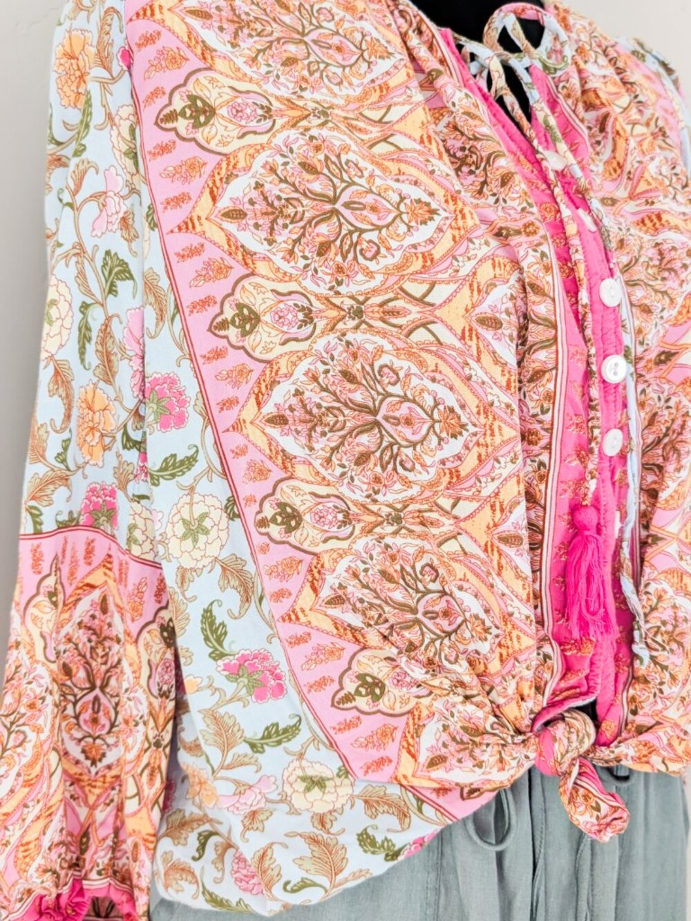 Boho Floral Tie-Neck Peasant Blouse Pink Cottagecore Romantic Top - Size S